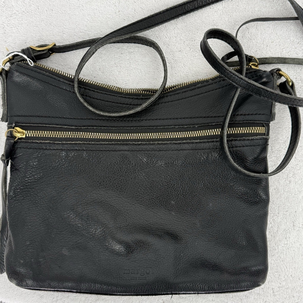 Margot New York Mary Scoop Double Zipper Black Leather Shoulder Bag